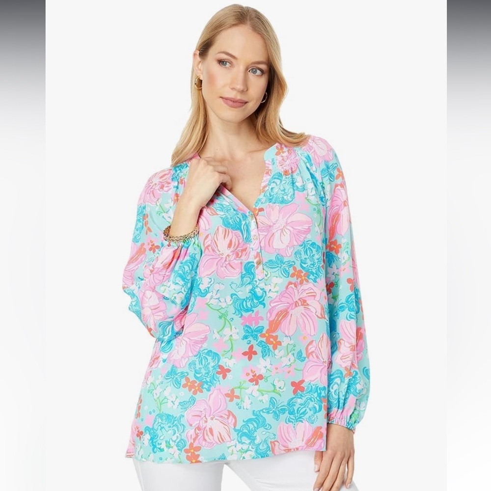 Lilly Pulitzer Elsa 100% Silk Top Blouse in Luscious Lions Surf Blue sz M - Picture 2 of 15